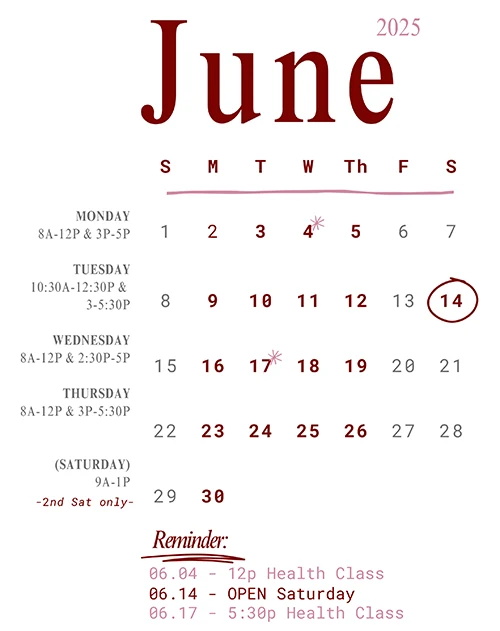 June calendar highlighting that they are open Saturday 6/14