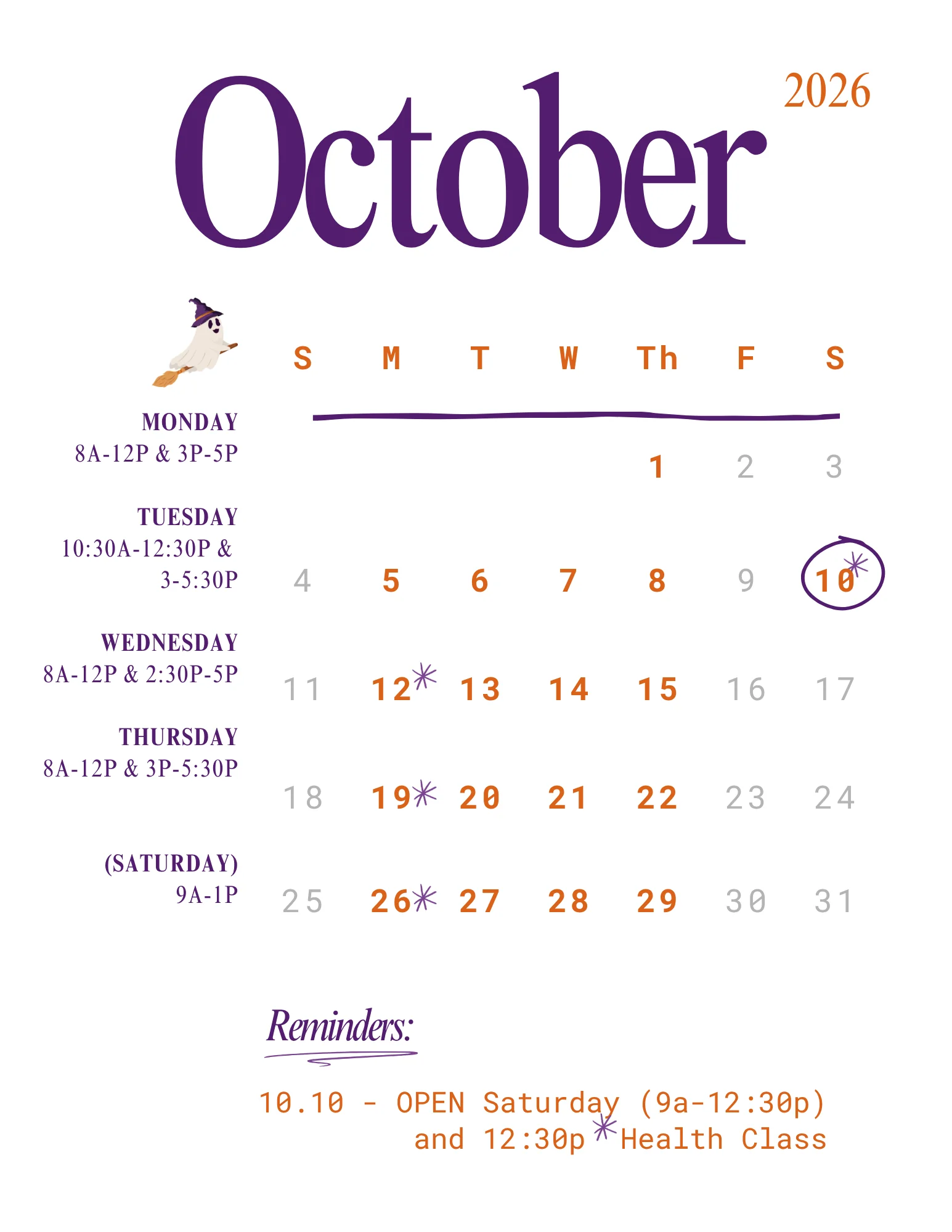 October 2026 office calendar for Maxson Chiropractic in Richmond, Texas