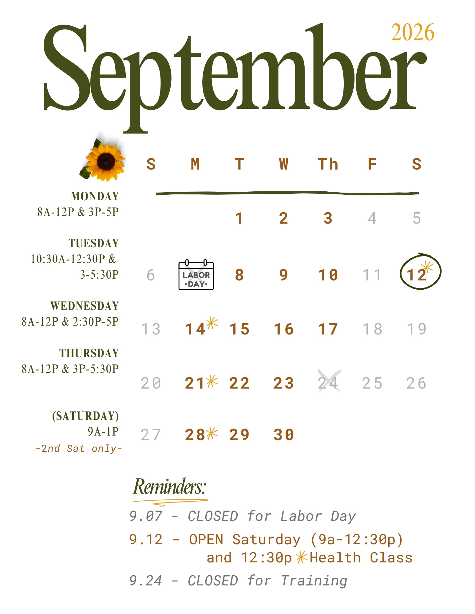 September 2026 office hours calendar for Maxson Chiropractic, including Labor Day closure, Saturday hours, health class, and training closure.
